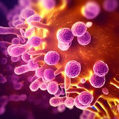 Macro close up shot of bacteria and virus cells.. Generative AI.