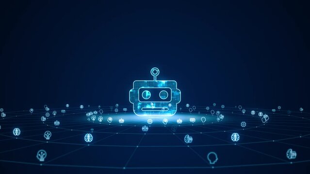 Motion graphic of 3D Blue digital robot head logo with grid and rotation circle line connection ai technology icon on futuristic abstract background artificial intelligence concepts