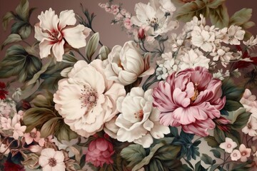 peony flower illustration seamless delicate background design watercolor leaf wallpaper vintage. Generative AI.