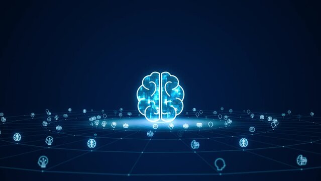 Motion graphic of 3D Blue digital brain logo with grid and rotation circle line connection ai technology icon on futuristic abstract background artificial intelligence concepts