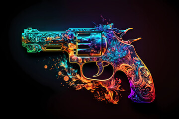 An abstract design of a gun painted with watercolors on black background	 - obrazy, fototapety, plakaty