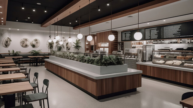 A modern and minimalist food court with a focus on health and wellness. The decor is sleek and minimalist, with a soothing color palette of whites, grays, and earthy greens. Generative AI