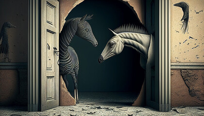 Obraz premium Optische Täuschung mit Tieren, Hologramm Generative AI 