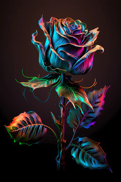 Beautiful rose painted with colorful neon watercolors on black background	