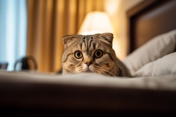 Lifestyle portrait photography of a curious scottish fold cat climbing against an inviting bed. With generative AI technology