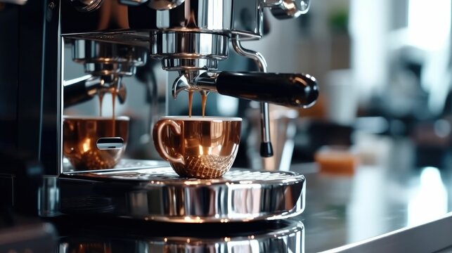Fresh espresso coffee brewing through the bottomless portafilter