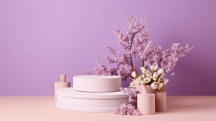 Decorative podiums with blooming branch on lilac background