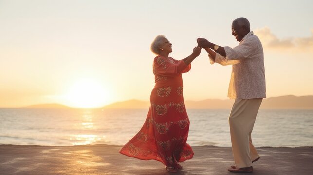 Happy retired African American senior couple dancing