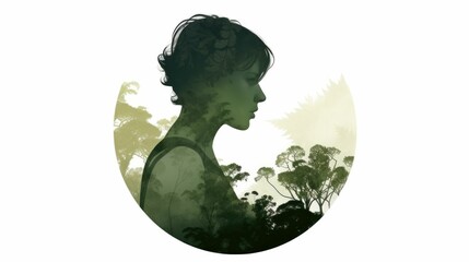 Vintage olive green silhouette of a woman with short hair