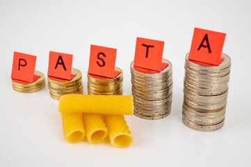 Piles of coins, and above tickets that spell the word 