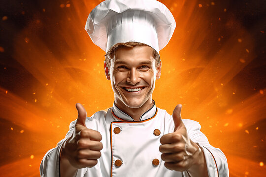 A good looking chef dressed in a traditional star chef hat and jacket showing two thumbs up - ai generative