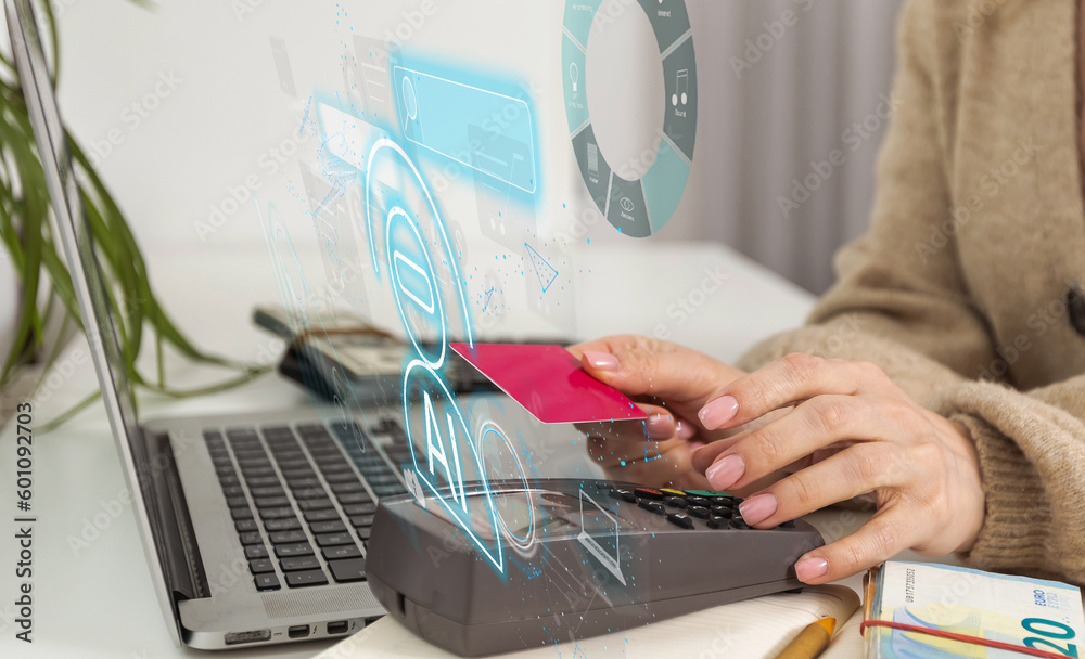 Poster woman using chatbot in computer and tablet smart intelligence ai. chat gpt chat with ai artificial i