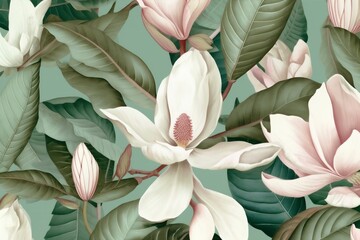 background floral pattern watercolor wallpaper flower decoration leaf seamless plant magnolia. Generative AI.