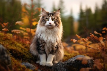Naklejka na ściany i meble Medium shot portrait photography of a curious norwegian forest cat begging for food against a rich autumn landscape. With generative AI technology