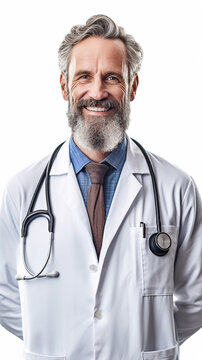 A smiling doctor with stethoscope at neck, isolated on white background - ai generative