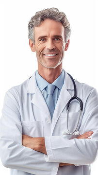 A smiling doctor with stethoscope at neck, isolated on white background - ai generative