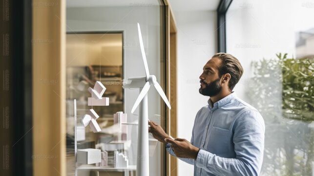 Architect looking at wind turbine model in office