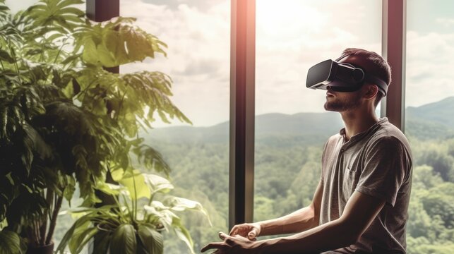 Man using VR headset at window with view of green tree