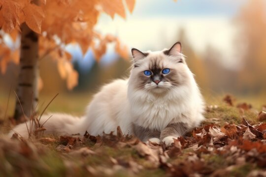 Lifestyle portrait photography of a curious ragdoll cat kneading with hind legs against a rich autumn landscape. With generative AI technology