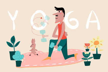 Old man doing kneeling lunges at home exercise. Yoga with dumbbell. Healthy lifestyle and wellness concept. Fitness workout in cozy interior, soft color pastel. Flat illustration keep fit indoors