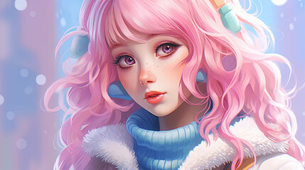 pink hair girl dressed in white and blue sweater and fur coat wearing a winter coat, traditional oil paintings, sky-blue and pink high quality improved generative ai