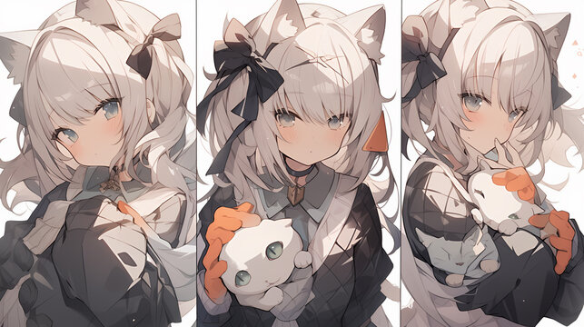 three different pictures shows a girl holding a cat, in the style of nightcore, dark white and light gray, group f/64, heistcore, oshare kei, applecore