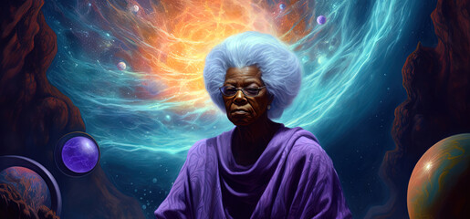 Black woman meditates in cosmos, wise elder african woman connecting with the universal consciousness. Concept. Generative AI.