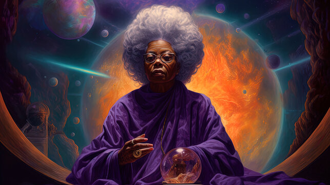Black woman meditates in cosmos, wise elder african woman connecting with the universal consciousness. Concept. Generative AI.