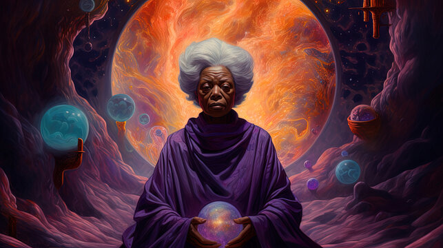 Black woman meditates in cosmos, wise elder african woman connecting with the universal consciousness. Concept. Generative AI.