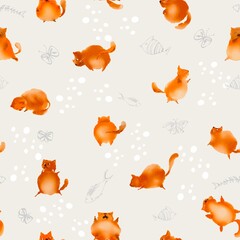 Cute red cat posing. Cartoon animal style, watercolor illustration isolated on white background. Pattern