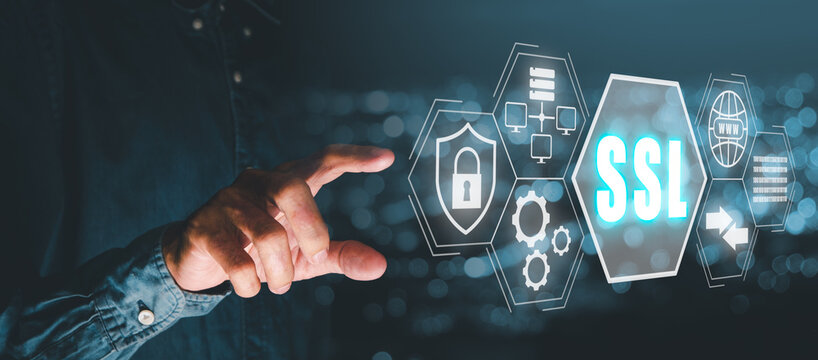 SSL, Secure Sockets Layer concept, Person hand touching Secure Sockets Layer icon on virtual screen with blue bokeh background.