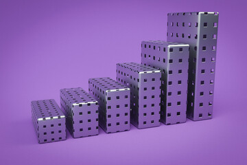 metal cage cubes stair raising graph in a row; infinite colorfull background; 3D Illustration