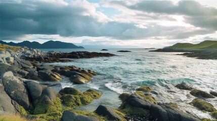 Fototapeta na wymiar Rocky seashore with cloudy sky and wilderness