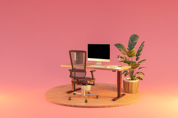 single isolated computer workspace on wooden podium with adjustable desk and plant; freelance and home office concept; 3D Illustration