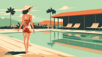 Retro style vector illustration of a girl by the pool