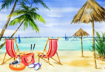 Watercolour tropical beach with palm trees, umbrellas and yachts , seascape with chaise longue, inflatable circle, beach bag and seagull, sketch of seascape, summer illustration