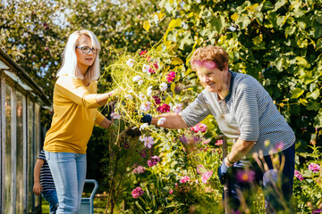 Middle age mature attractive blond woman helping her energetic senior mother take care of the garden in the summer. Relation, caregiver; love; generation concept.