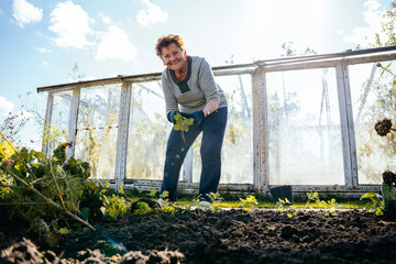 Elderly senior gardener woman digging caring ground level her adult blond daughter helping her at...