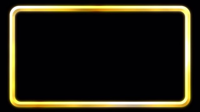 Elegant gold frame animation on transparent background loop. With alpha channel. Light sweeps with golden glow and glimmering. Rounded rectangle frame in 16:9 aspect ratio..