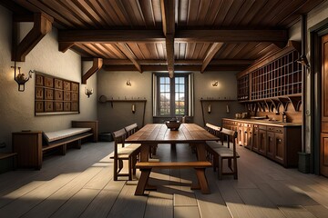 Fototapeta na wymiar Old wooden house captain's cabin interior. 3D rendering, Medieval room for warriors to rest,