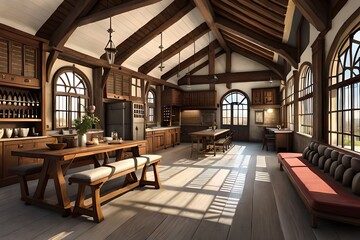 Fototapeta na wymiar Old wooden house captain's cabin interior. 3D rendering, Medieval room for warriors to rest,