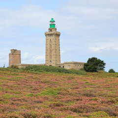 Lighthouse and colorful flowers at Cap Frehel, Brittany. Travel destination at the French Coast.