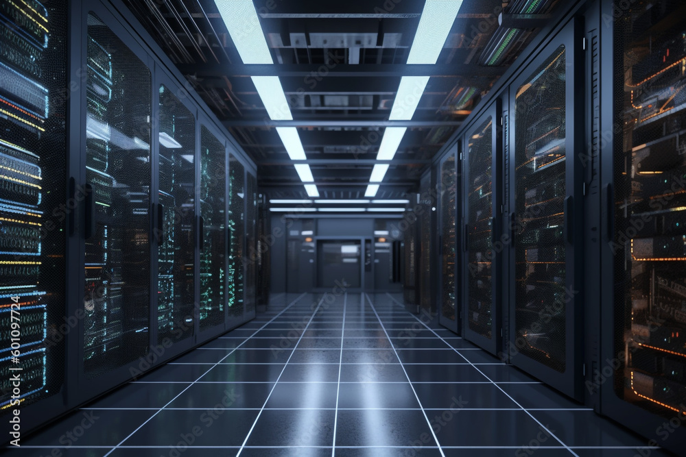 Poster technology infrastructure with server racks and storage arrays , generative ai
