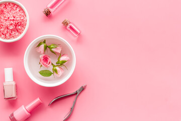 Manicure accessories with pink roses flowers. Beauty care salon spa.