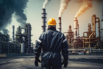 Engineer in protective suit checks list at Petrochemical Refinery Complex. Copy space. Generative AI.