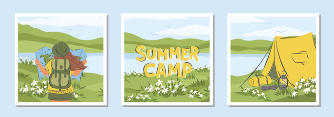 Tourist woman standing with backpack and map. Collection of backgrounds for travel, adventure, trip, summer holiday, healthy lifestyle. Vector illustration