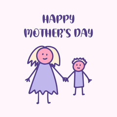 Happy Mothers Day greeting cards, Child Holding Mothers hand kids doodle drawing. A son with a mom vector illustration.