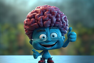 3d illustration of brain cute character with thumb up. Ai generated