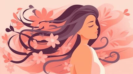 Illustration of a girl with flowing hair in a pink summer breeze with a flower