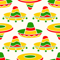 Sombrero hats doodle illustration seamless pattern. Vector hand drawn background of Mexican fiesta party and Cinco de Mayo holiday.